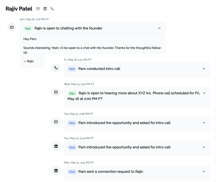 Unified Data Hub showing contact timeline with emails, calls, and LinkedIn interactions for Rajiv Patel